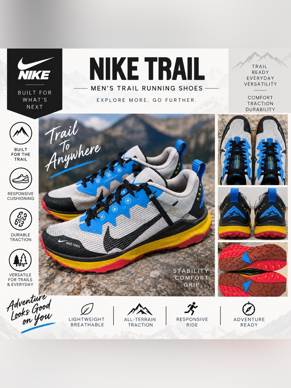 Nike Men's Trail Running Shoes — White, Blue, Yellow